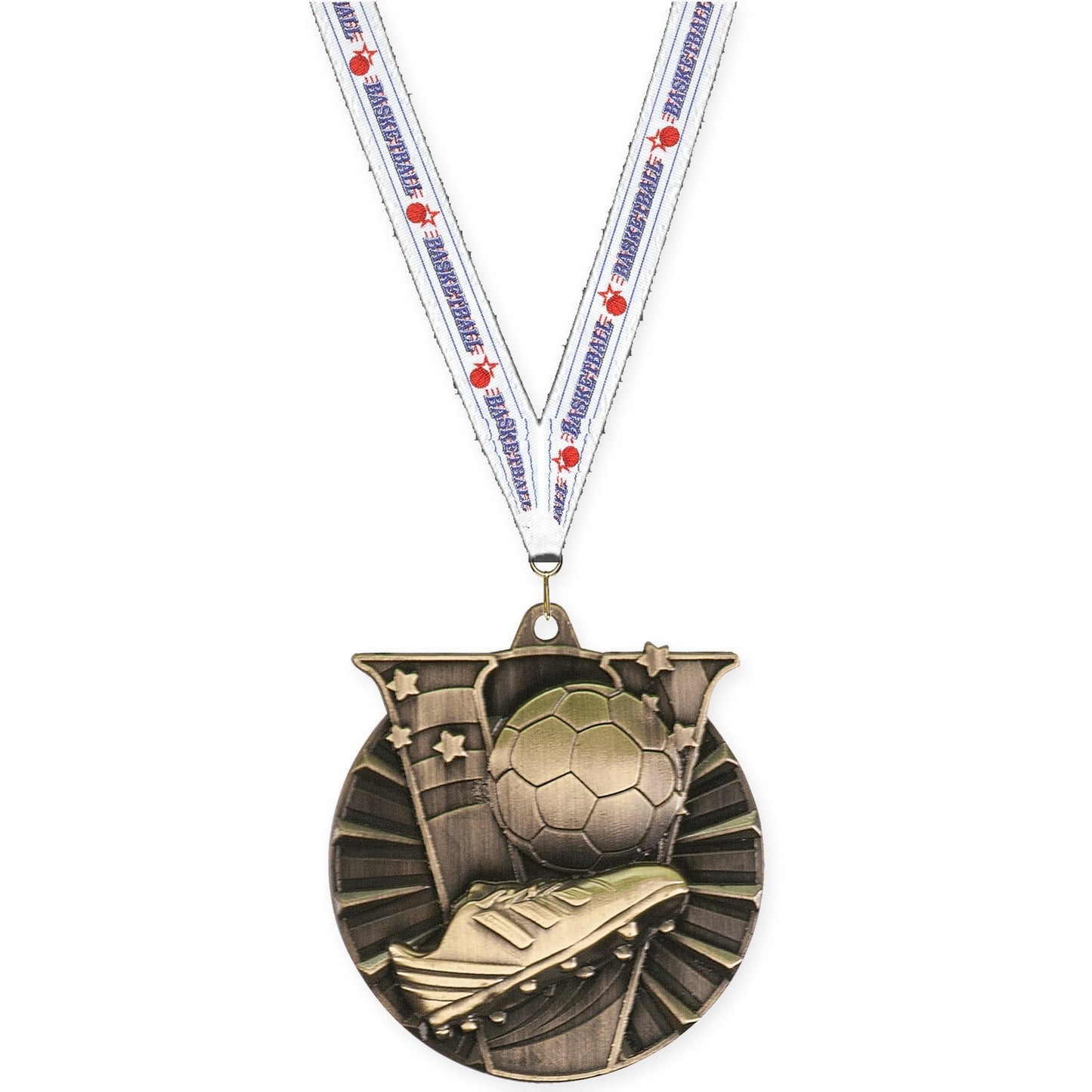 2 inch soccer Victory medal in antique gold with Basketball neck ribbon