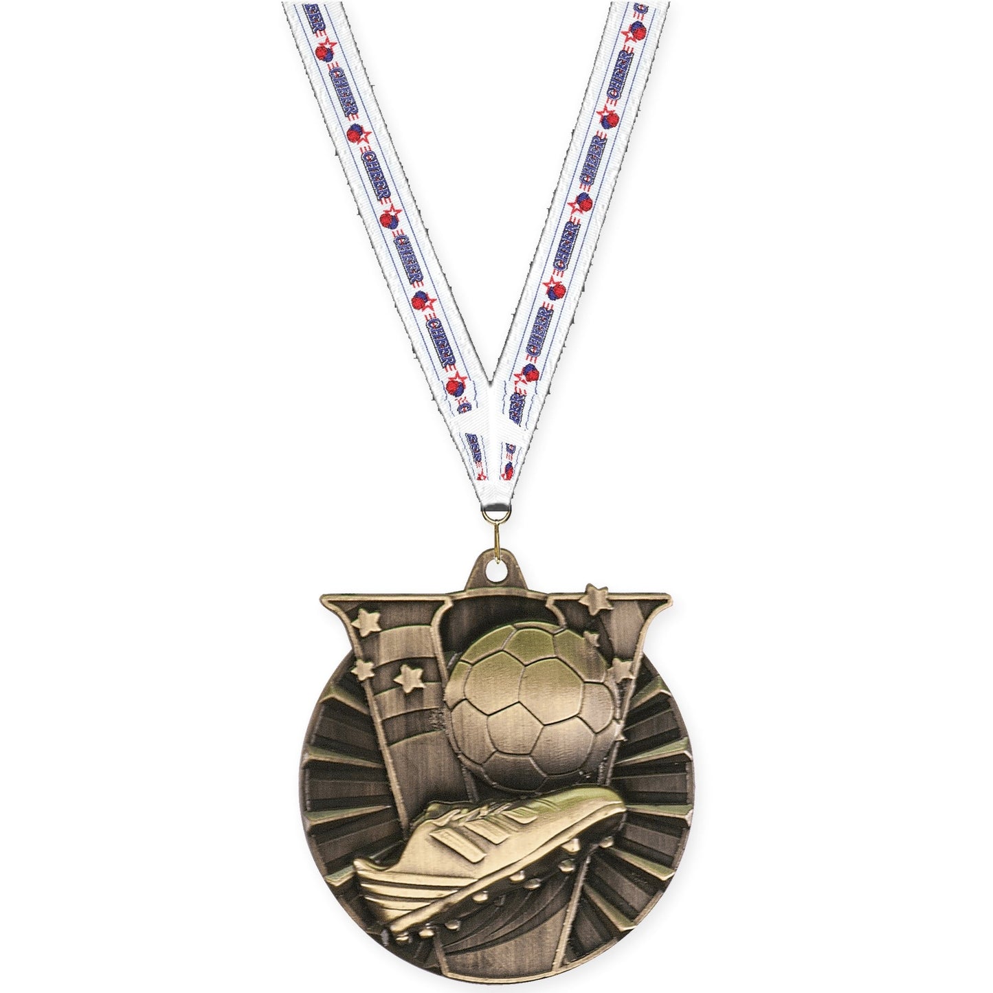 2 inch soccer Victory medal in antique gold with Cheerleading neck ribbon
