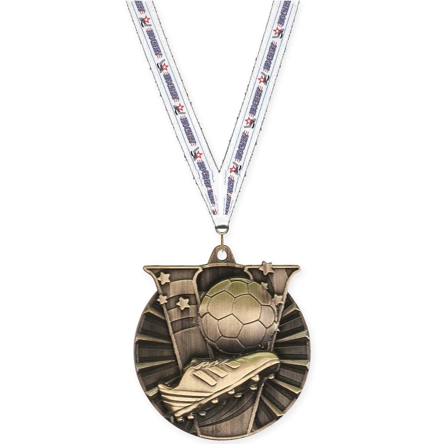 2 inch soccer Victory medal in antique gold with Hockey neck ribbon