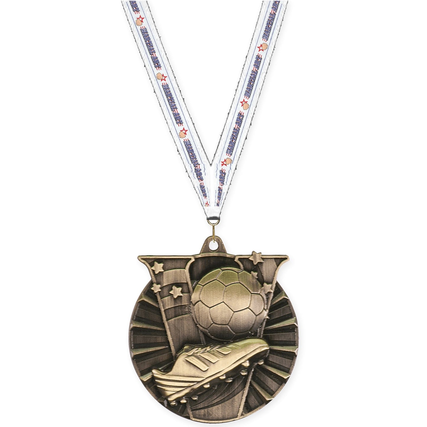 2 inch soccer Victory medal in antique gold with Martial Arts neck ribbon