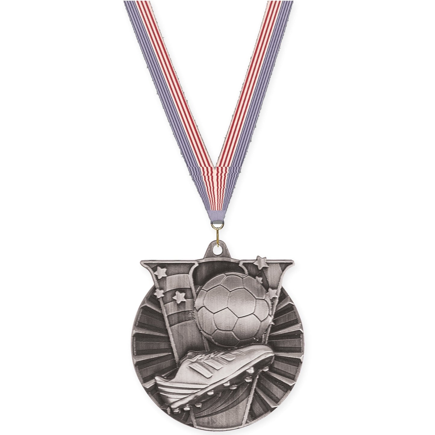2 inch soccer Victory medal in antique silver with USA Flag neck ribbon