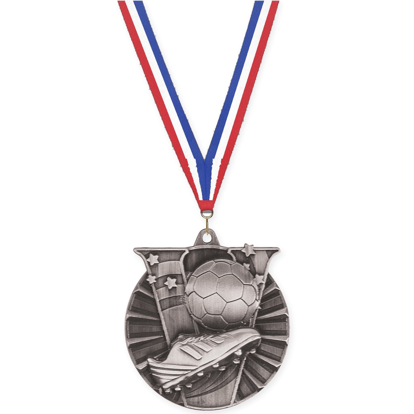 2 inch soccer Victory medal in antique silver with Red White Blue neck ribbon