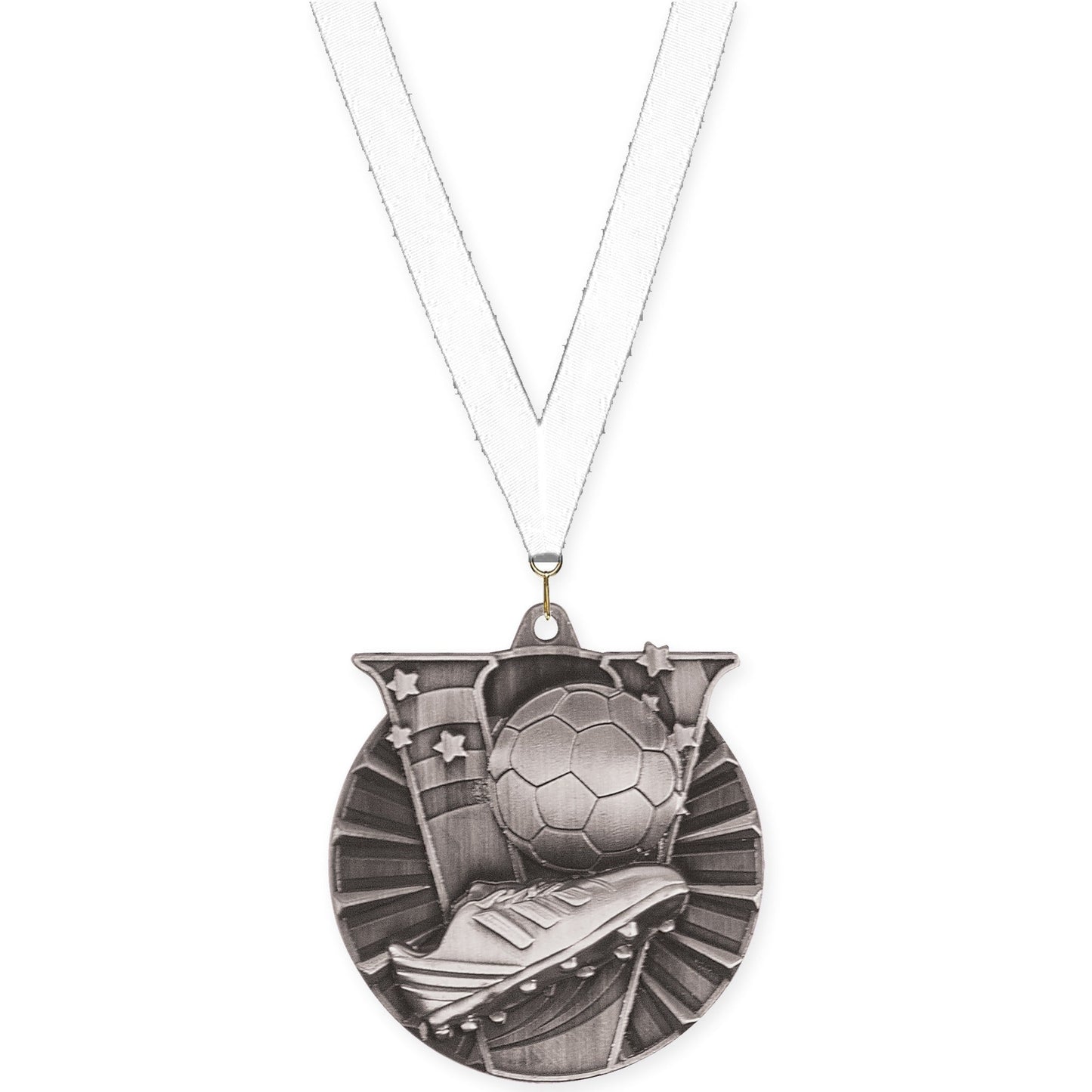 2 inch soccer Victory medal in antique silver with White neck ribbon