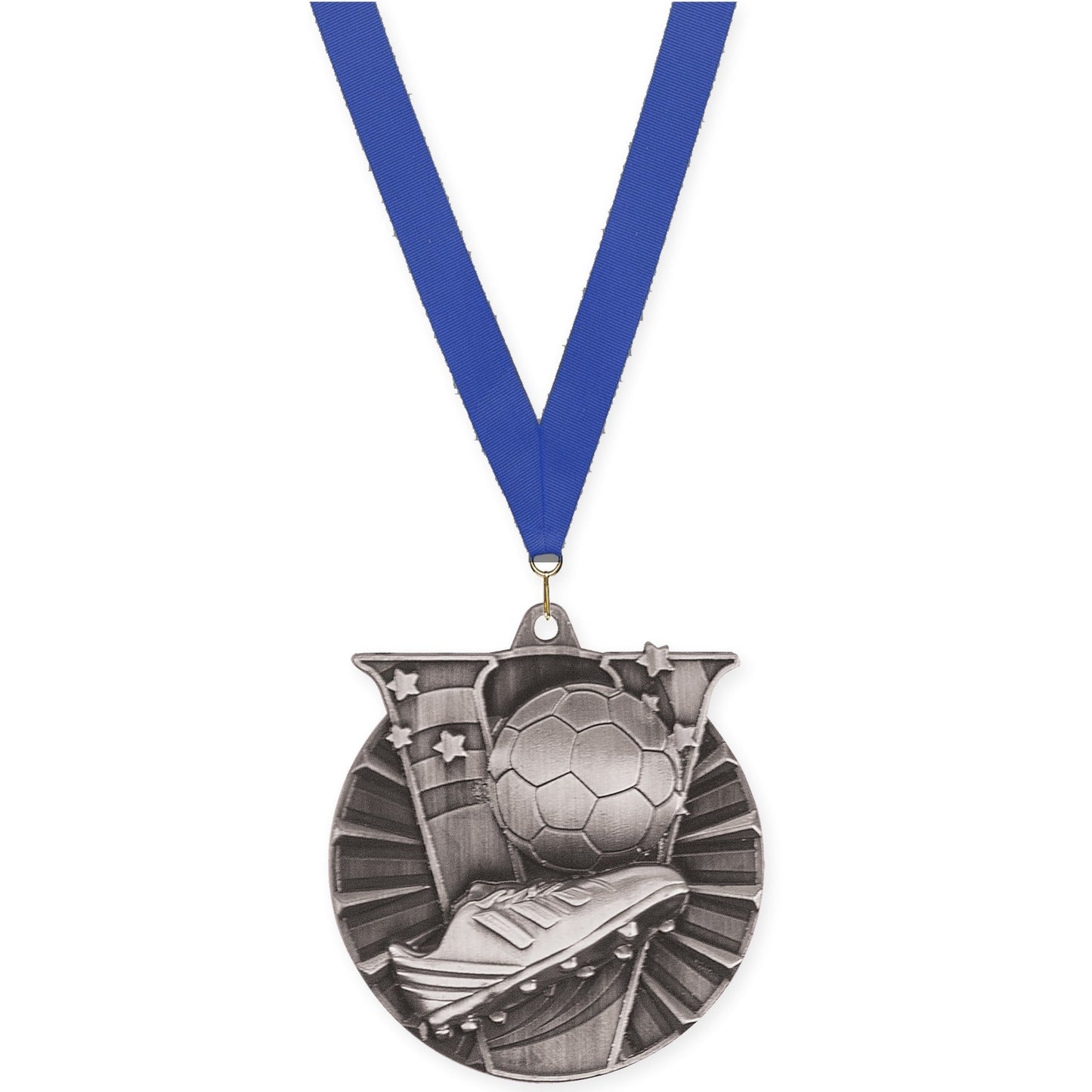 2 inch soccer Victory medal in antique silver with Blue neck ribbon