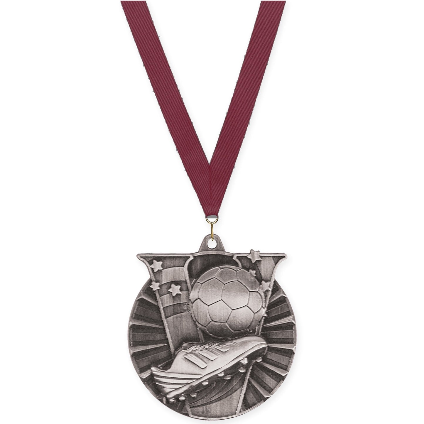2 inch soccer Victory medal in antique silver with Maroon neck ribbon