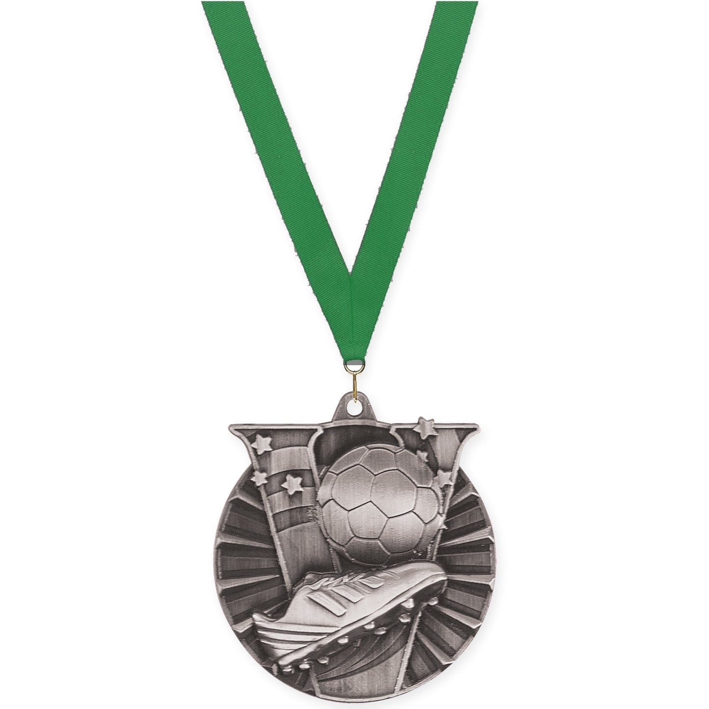 2 inch soccer Victory medal in antique silver with Green neck ribbon