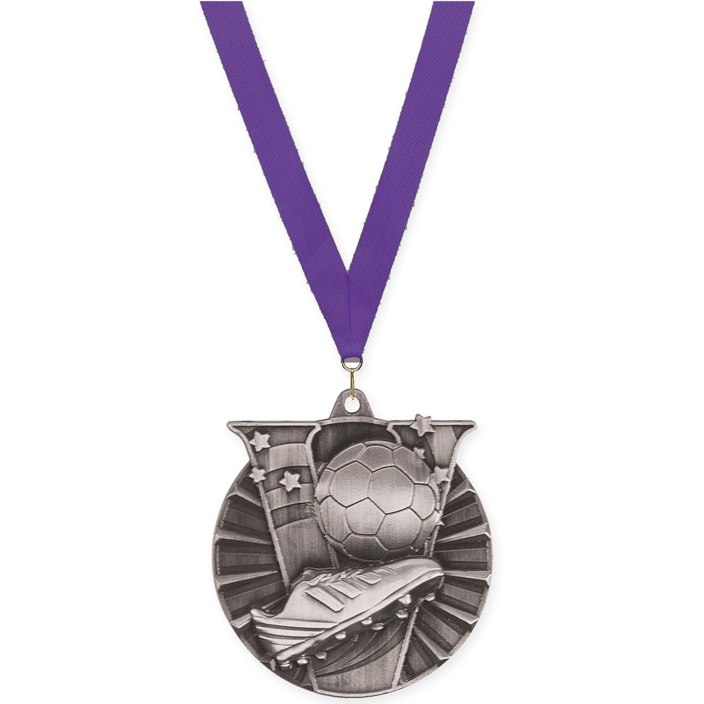 2 inch soccer Victory medal in antique silver with Purple neck ribbon