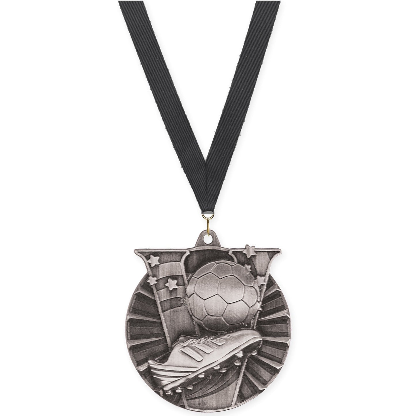 2 inch soccer Victory medal in antique silver with Black neck ribbon