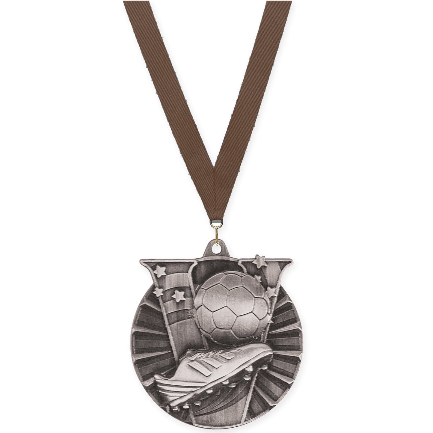 2 inch soccer Victory medal in antique silver with Brown neck ribbon