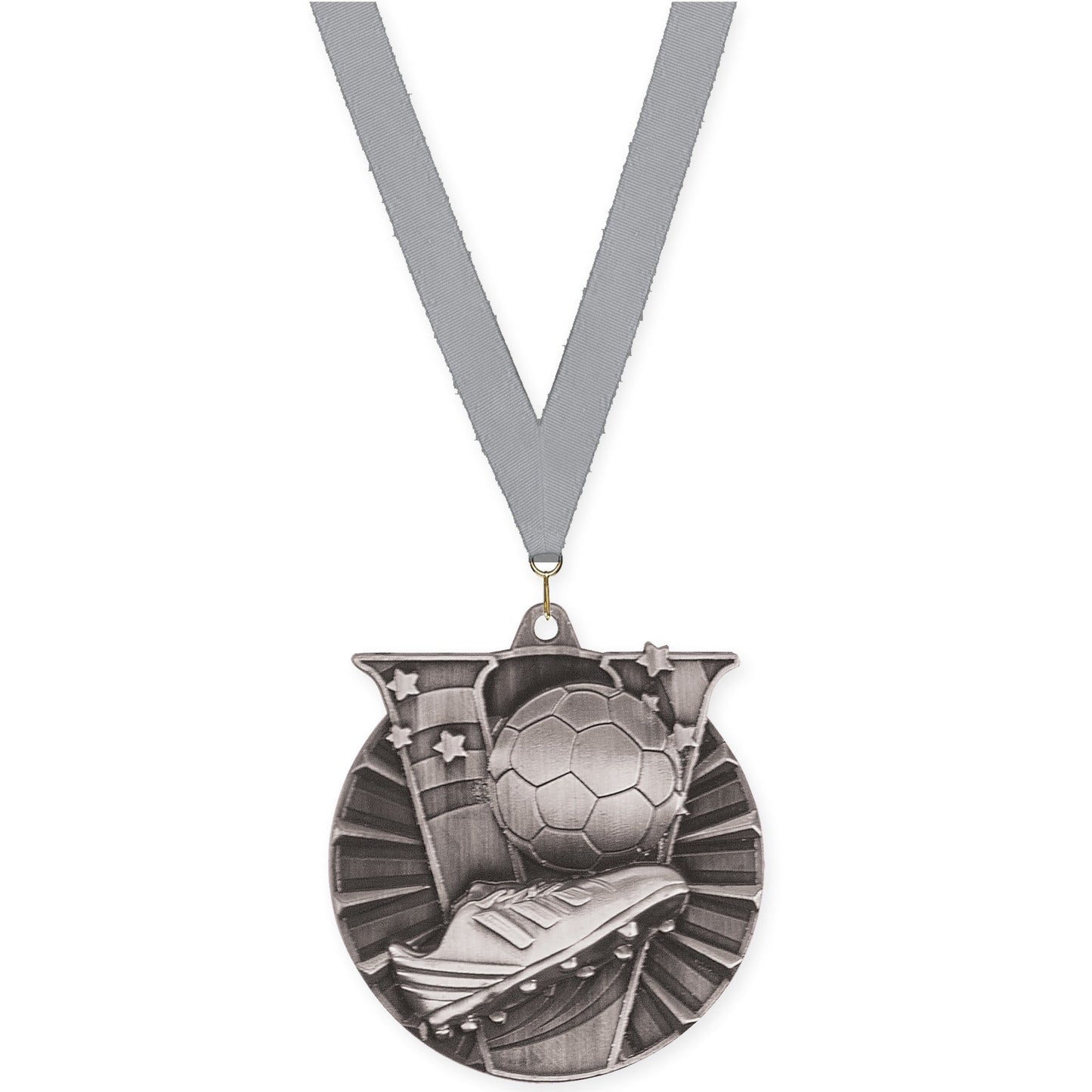2 inch soccer Victory medal in antique silver with Gray neck ribbon