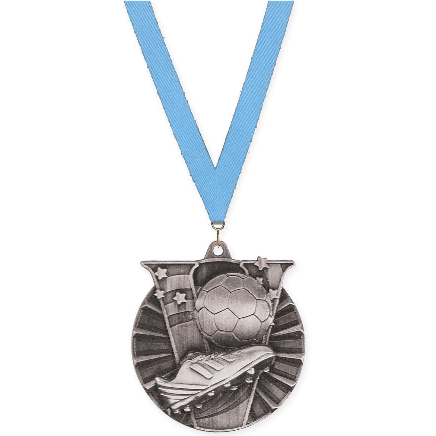 2 inch soccer Victory medal in antique silver with Light Blue neck ribbon