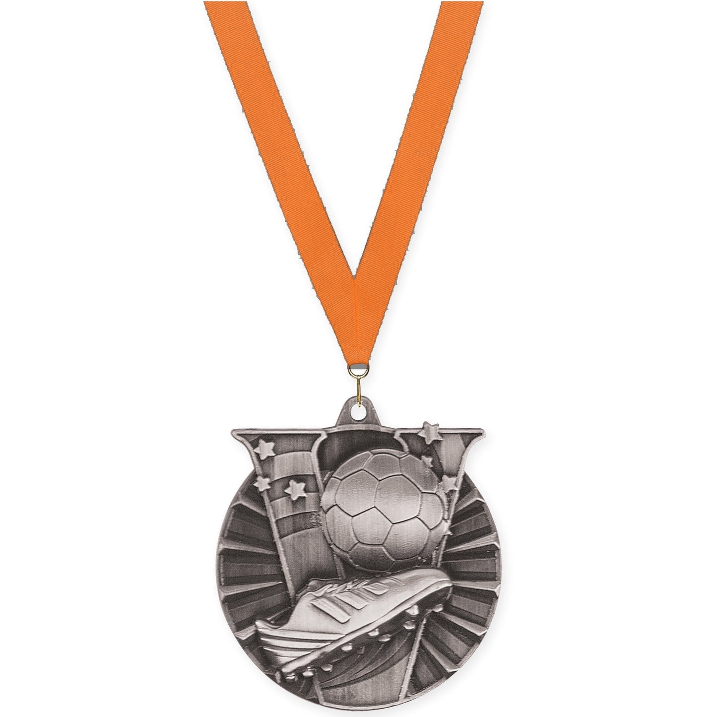 2 inch soccer Victory medal in antique silver with Orange neck ribbon