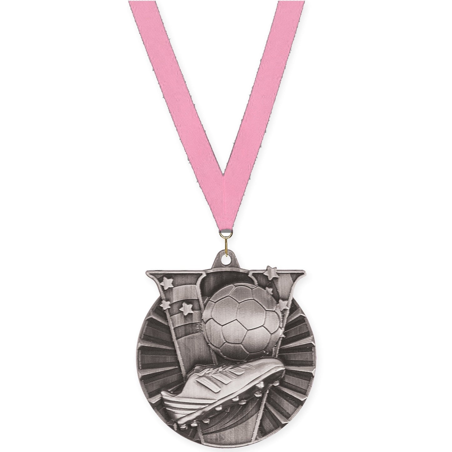 2 inch soccer Victory medal in antique silver with Pink neck ribbon