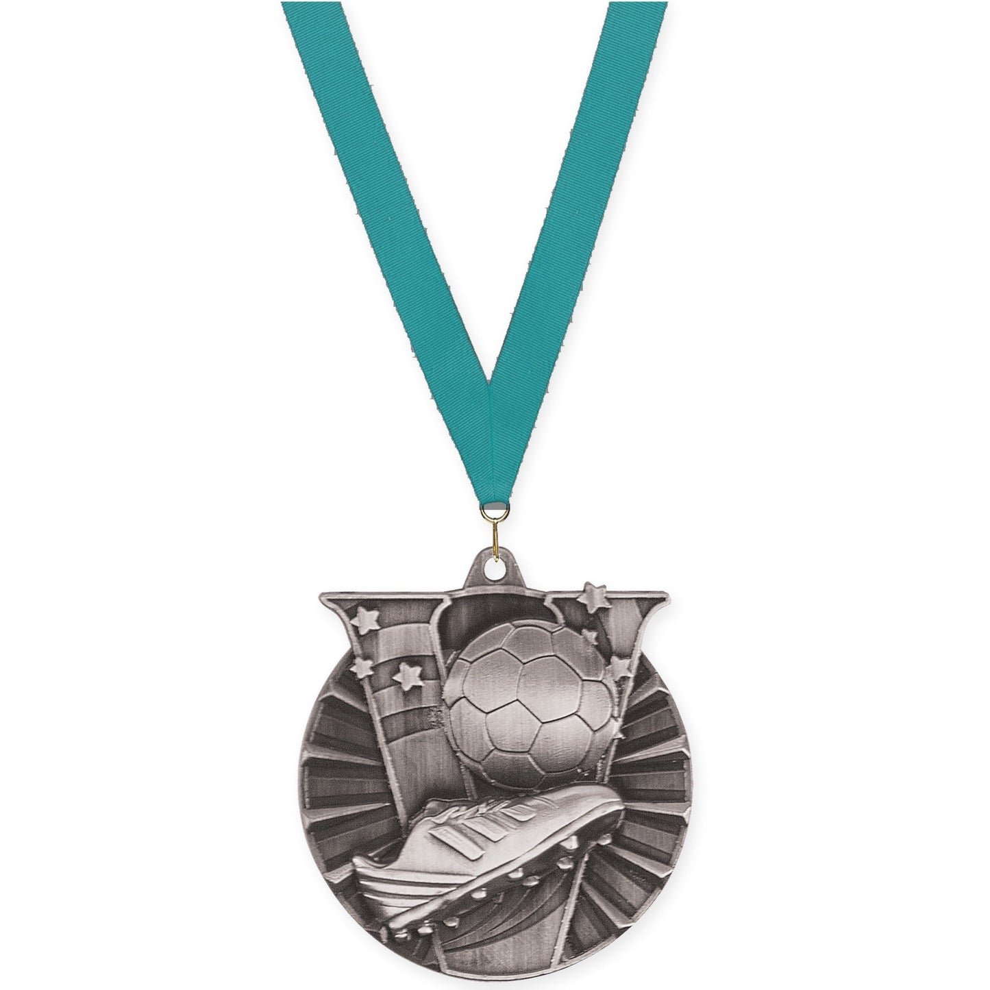 2 inch soccer Victory medal in antique silver with Teal neck ribbon