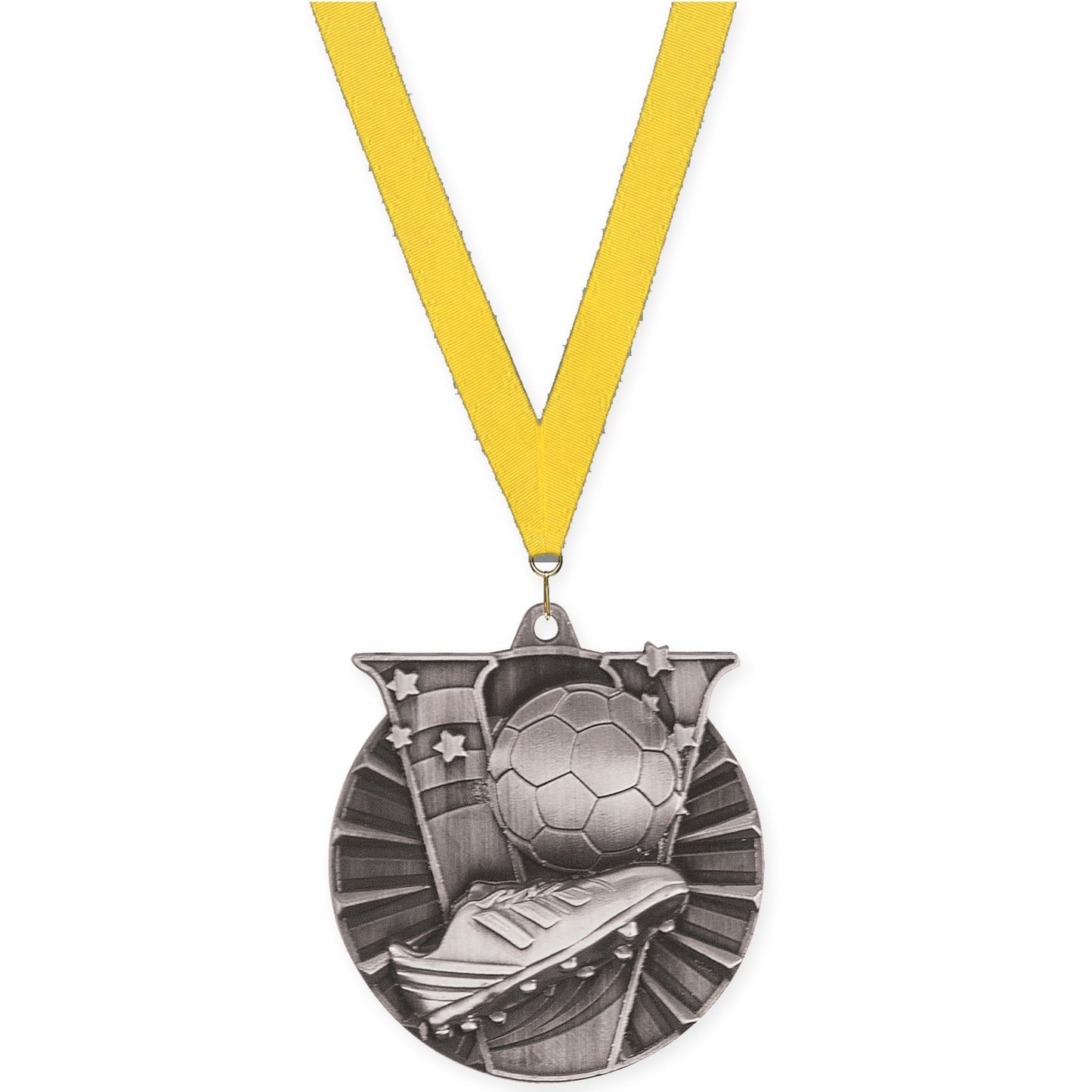 2 inch soccer Victory medal in antique silver with Yellow neck ribbon