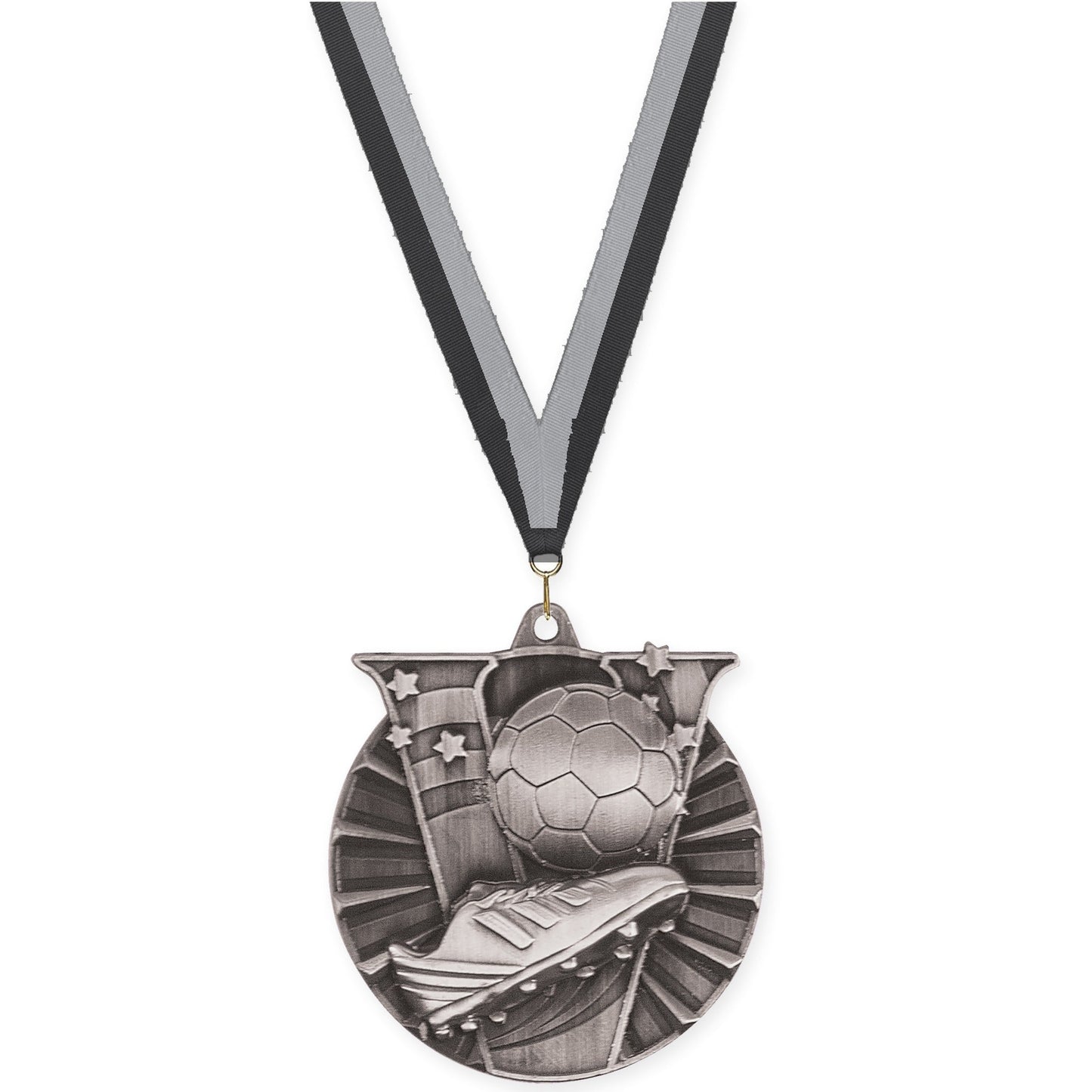 2 inch soccer Victory medal in antique silver with Black Gray neck ribbon