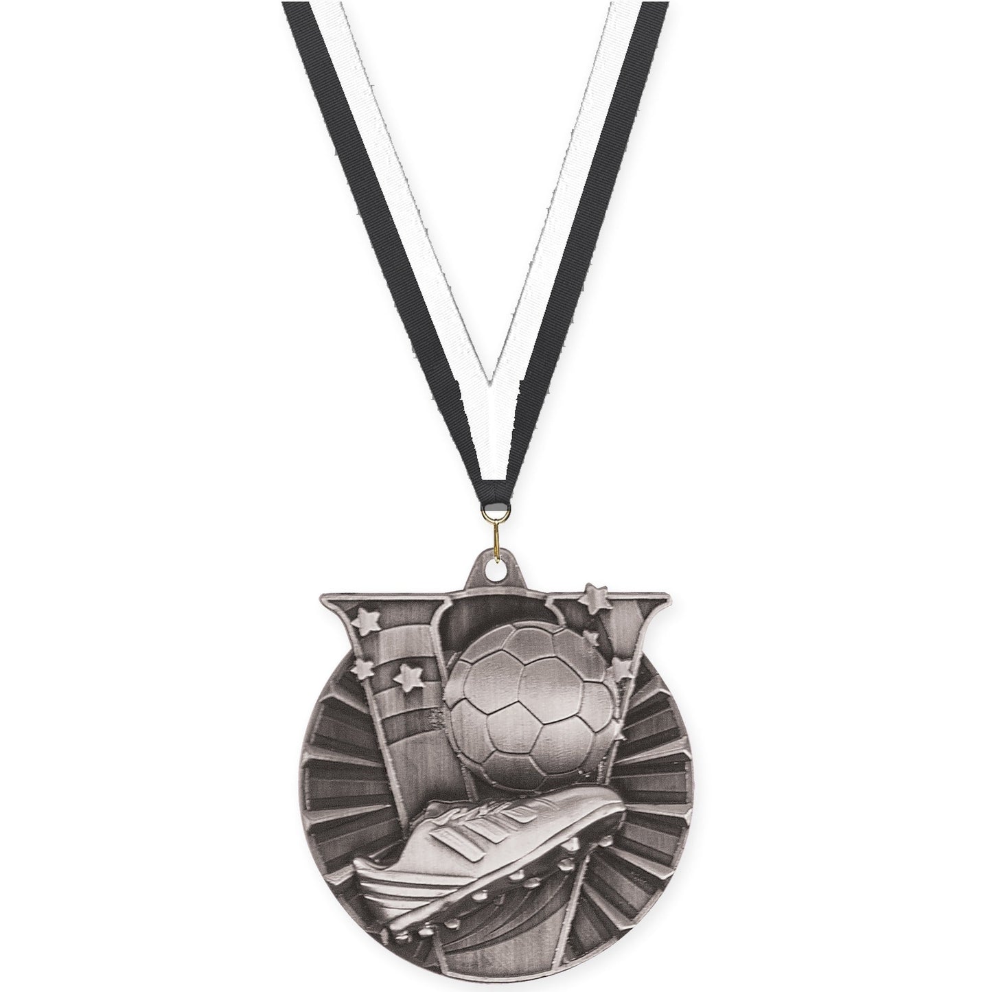 2 inch soccer Victory medal in antique silver with Black White neck ribbon