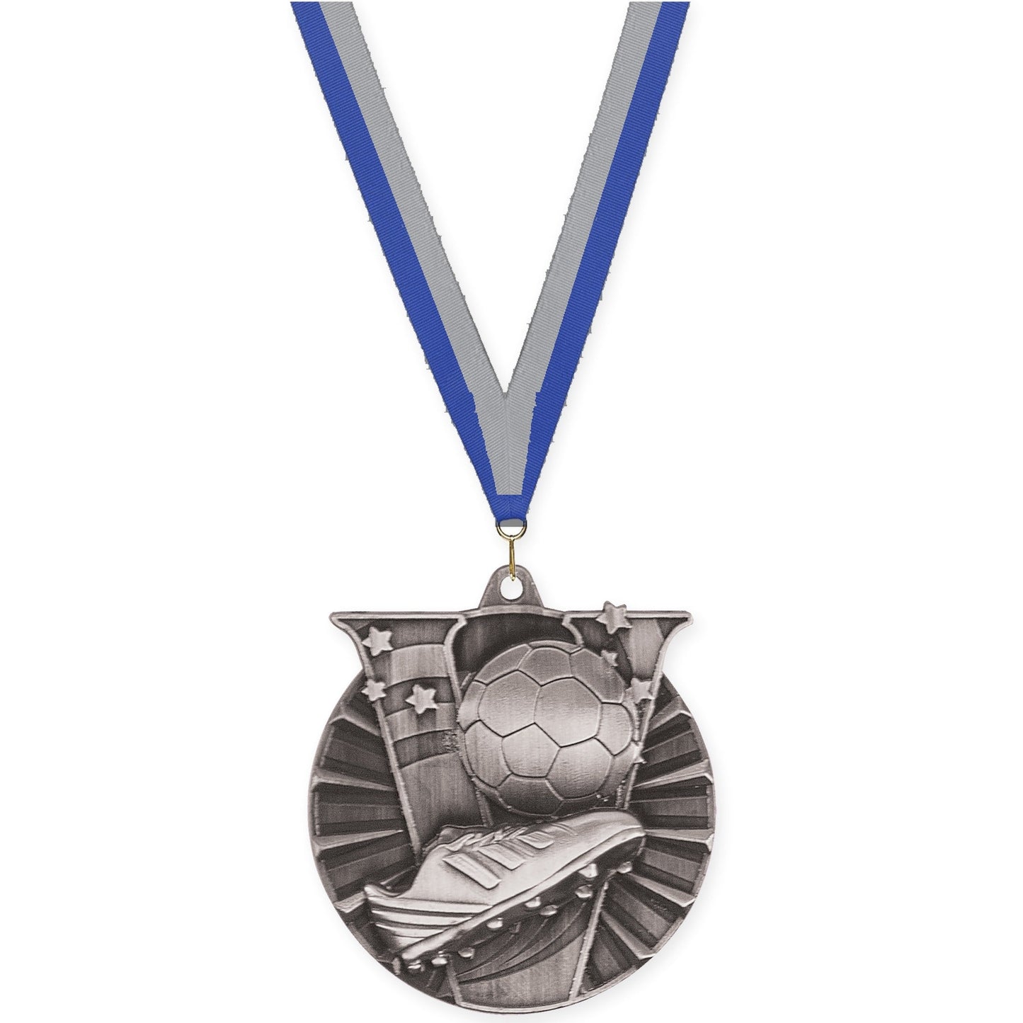 2 inch soccer Victory medal in antique silver with Blue Gray neck ribbon