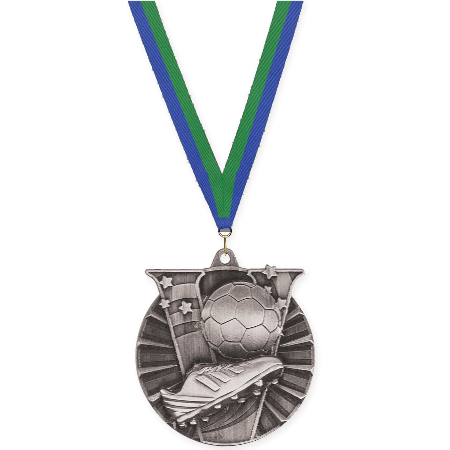 2 inch soccer Victory medal in antique silver with Blue Green neck ribbon