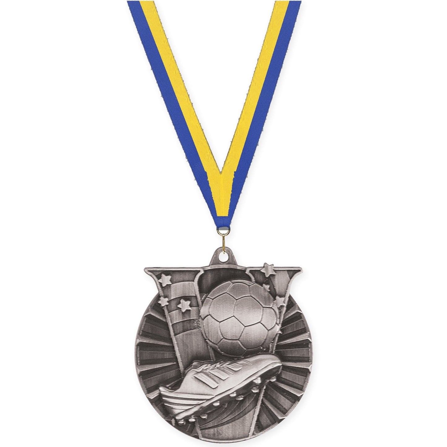 2 inch soccer Victory medal in antique silver with Blue Yellow neck ribbon