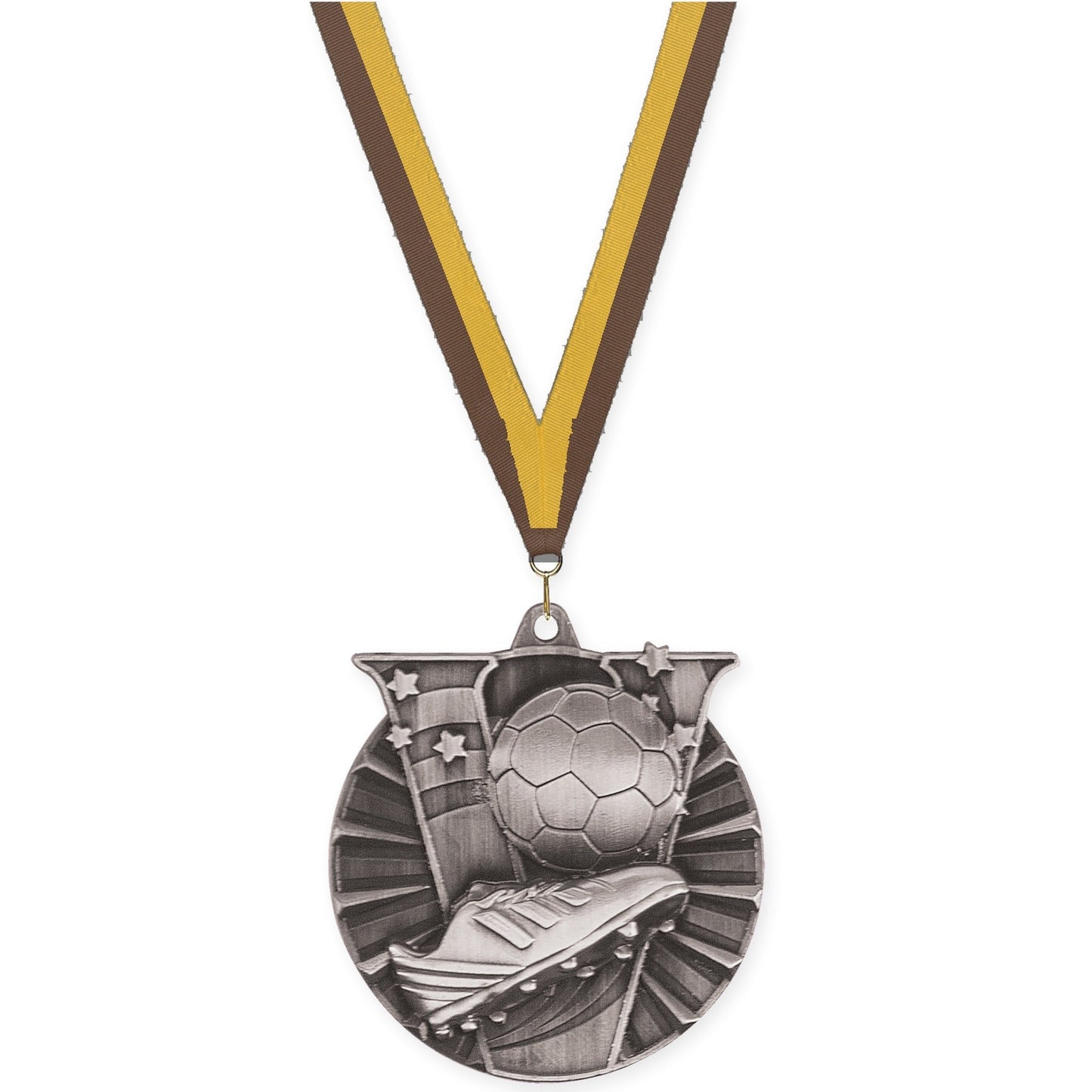 2 inch soccer Victory medal in antique silver with Brown Gold neck ribbon
