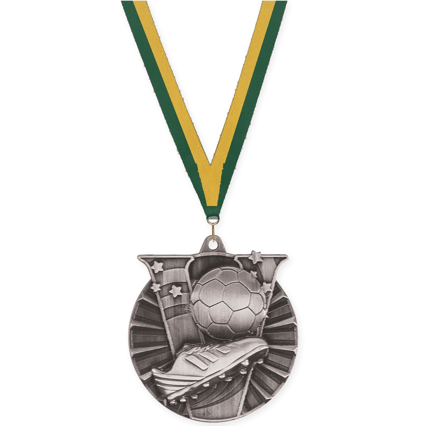 2 inch soccer Victory medal in antique silver with Hunter Green Gold neck ribbon