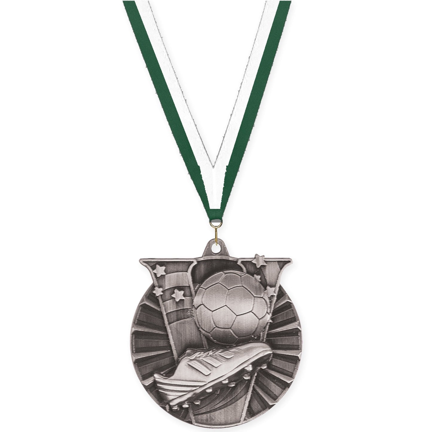 2 inch soccer Victory medal in antique silver with Hunter Green White neck ribbon