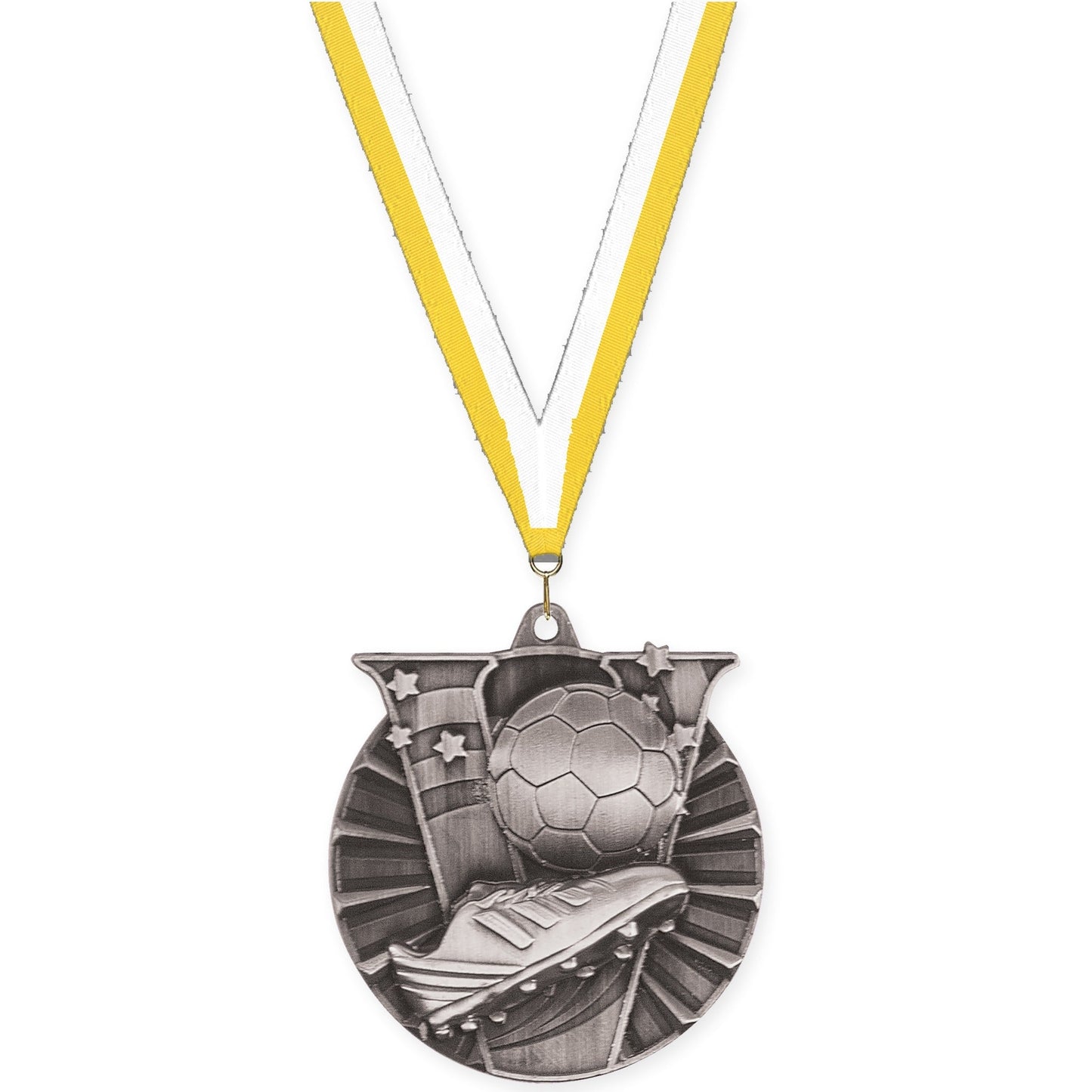 2 inch soccer Victory medal in antique silver with Yellow White neck ribbon