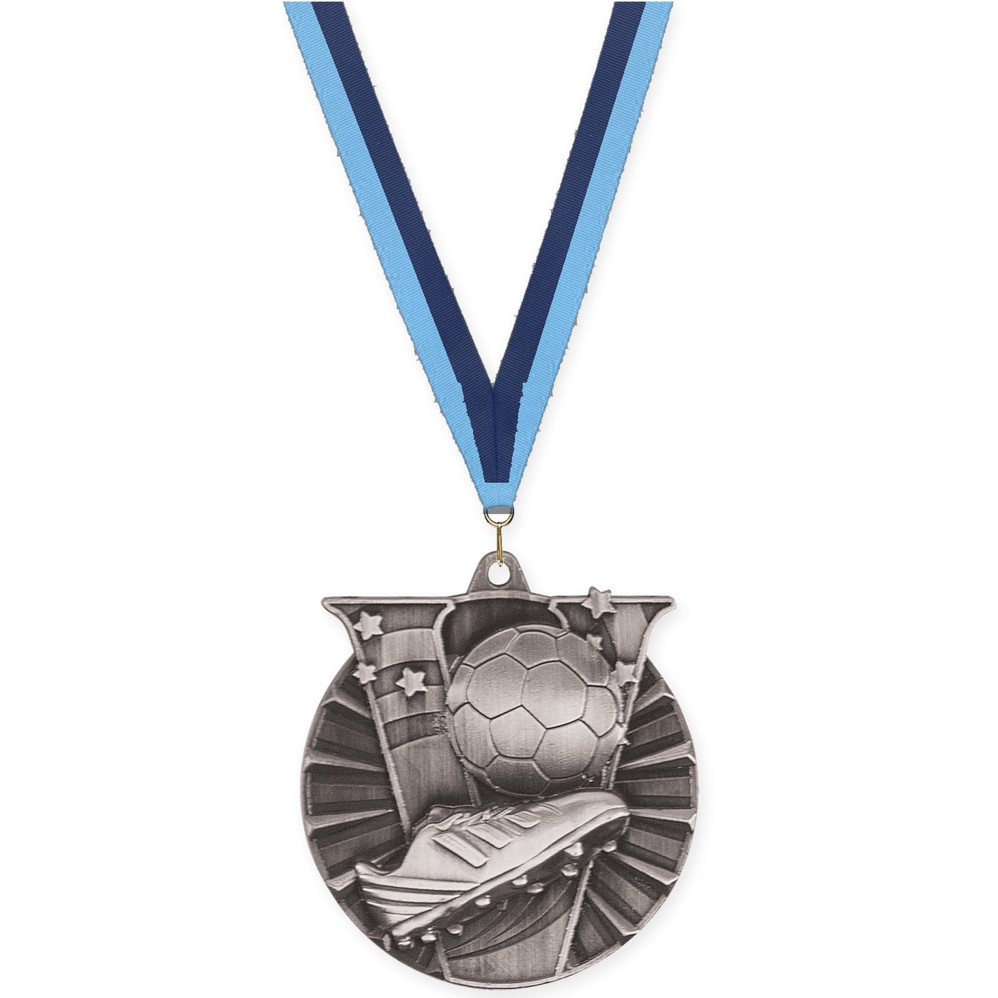 2 inch soccer Victory medal in antique silver with Light Blue Navy neck ribbon