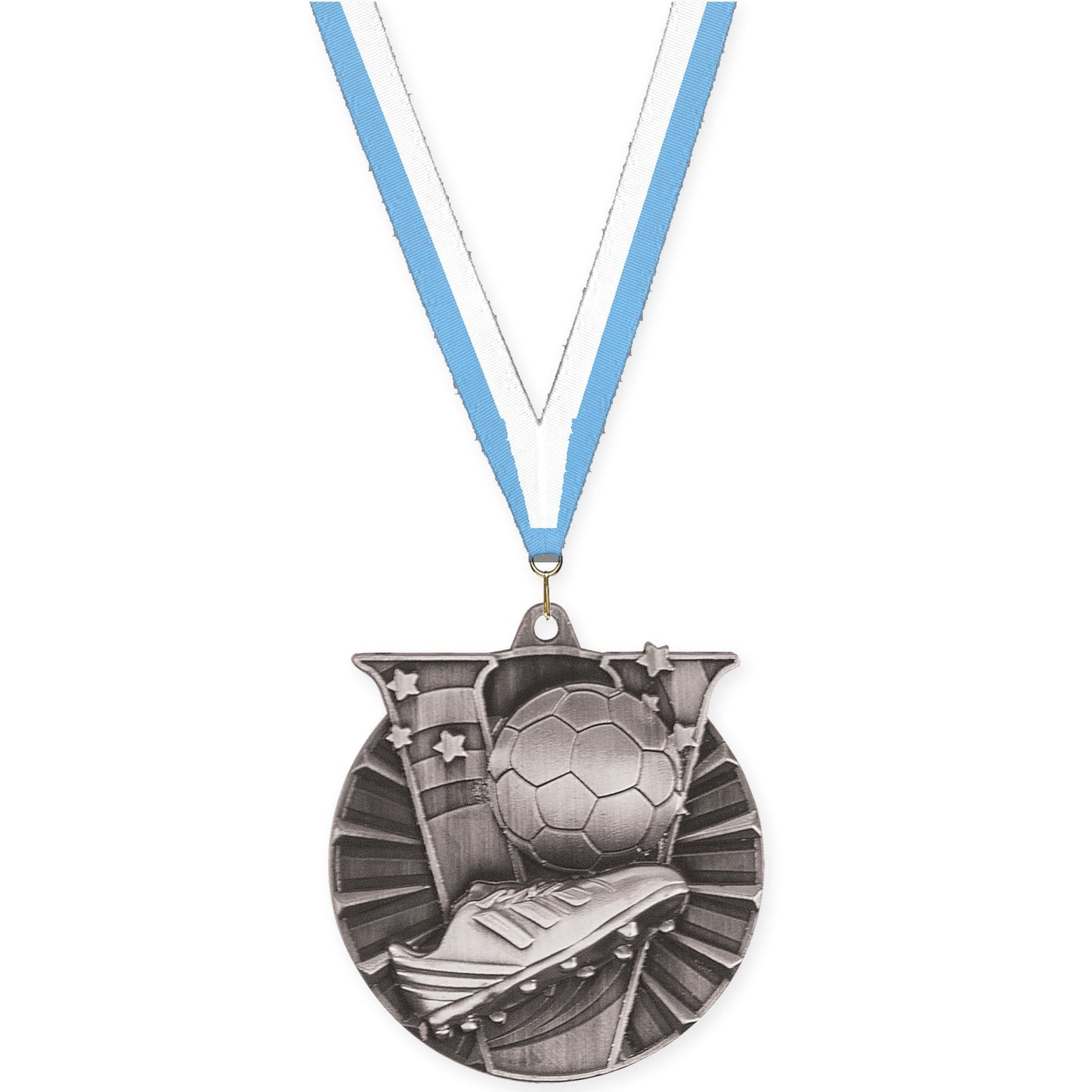 2 inch soccer Victory medal in antique silver with Light Blue White neck ribbon