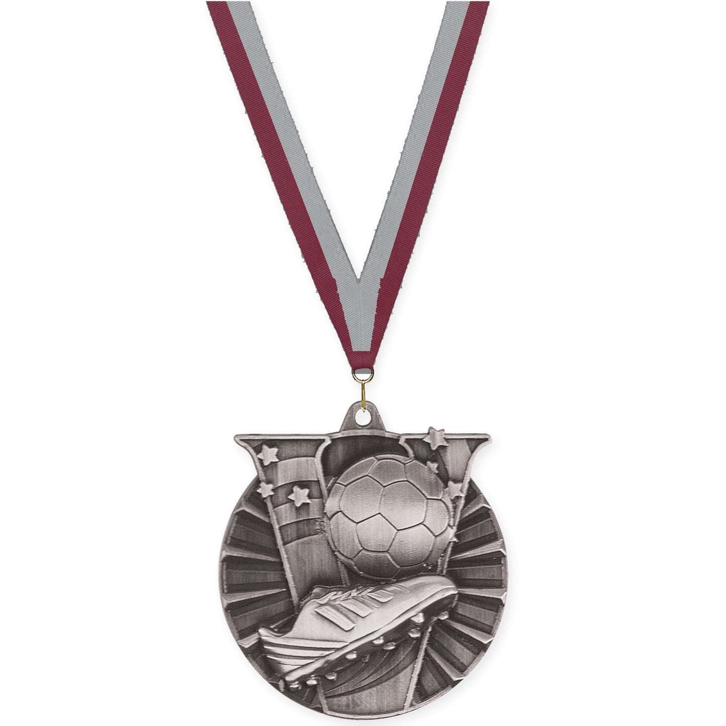 2 inch soccer Victory medal in antique silver with Maroon Gray neck ribbon