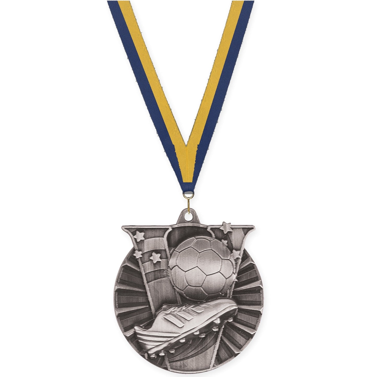 2 inch soccer Victory medal in antique silver with Navy Gold neck ribbon