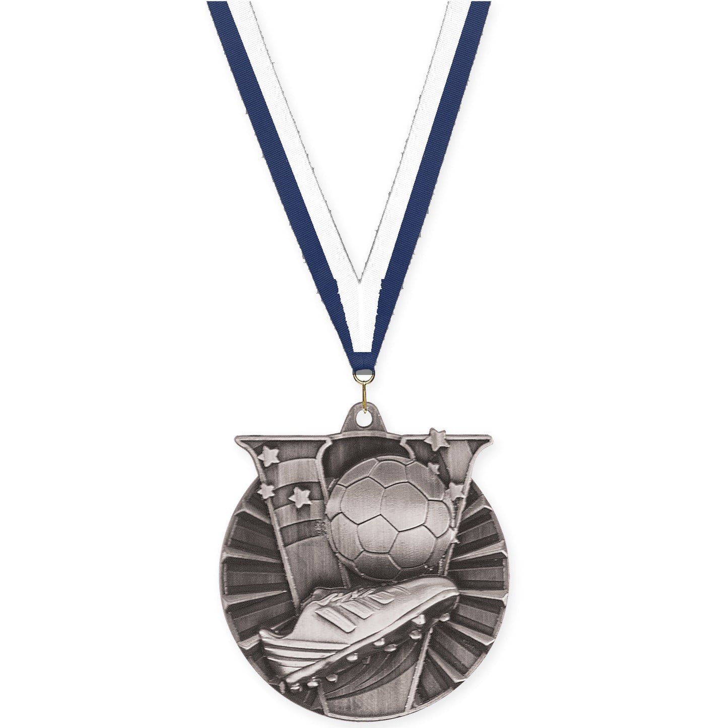 2 inch soccer Victory medal in antique silver with Navy White neck ribbon