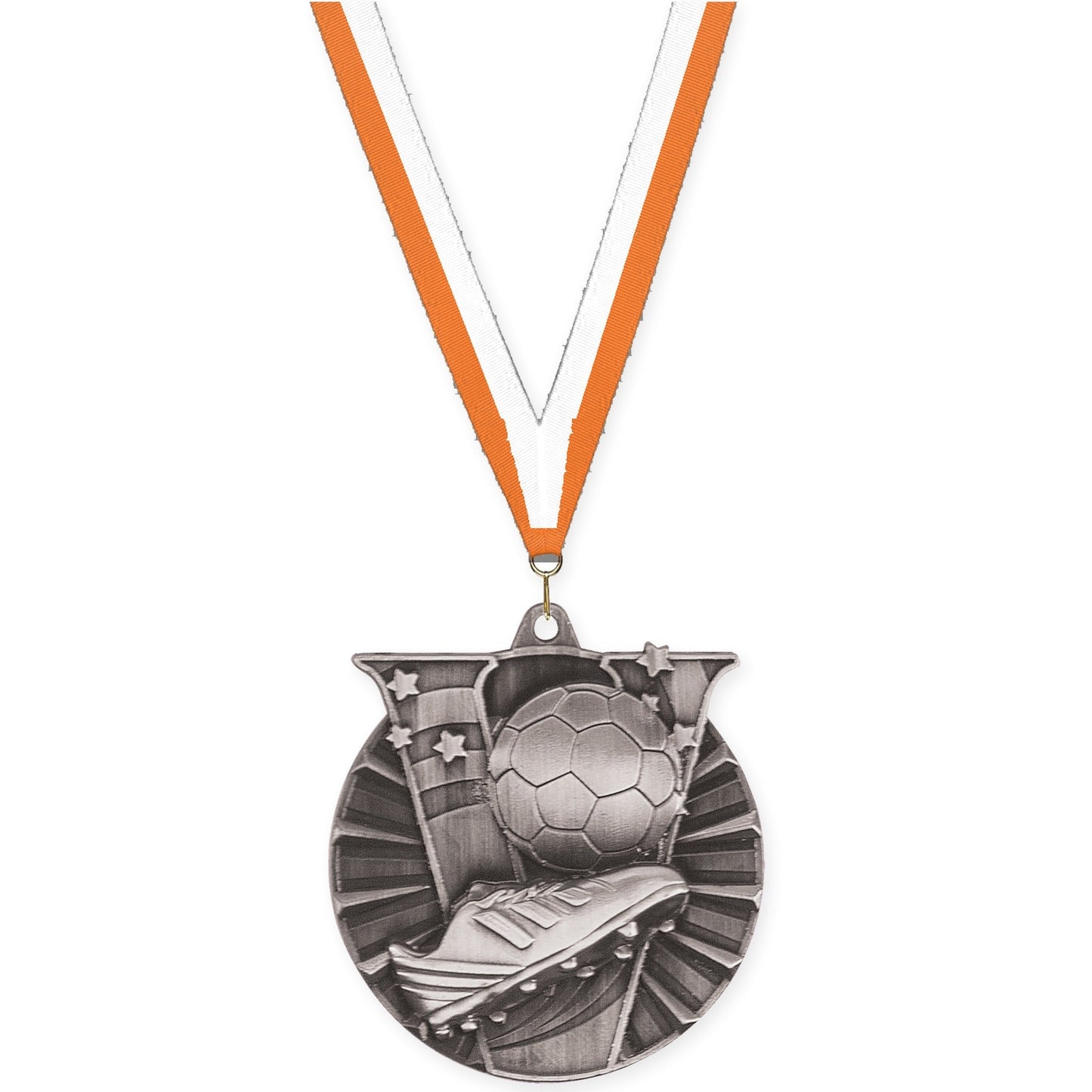 2 inch soccer Victory medal in antique silver with Orange White neck ribbon