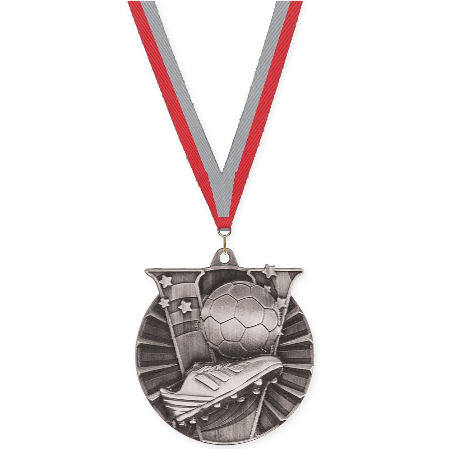 2 inch soccer Victory medal in antique silver with Red Gray neck ribbon