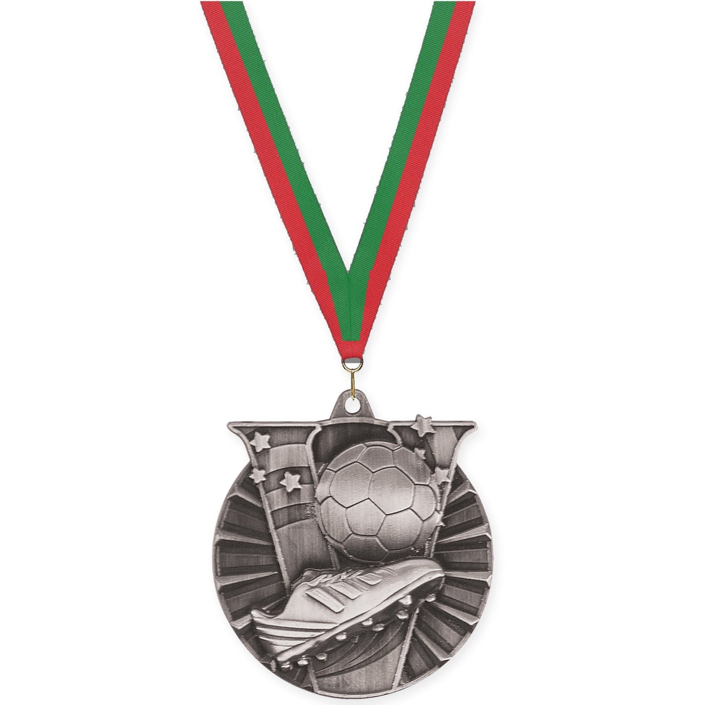 2 inch soccer Victory medal in antique silver with Red Green neck ribbon