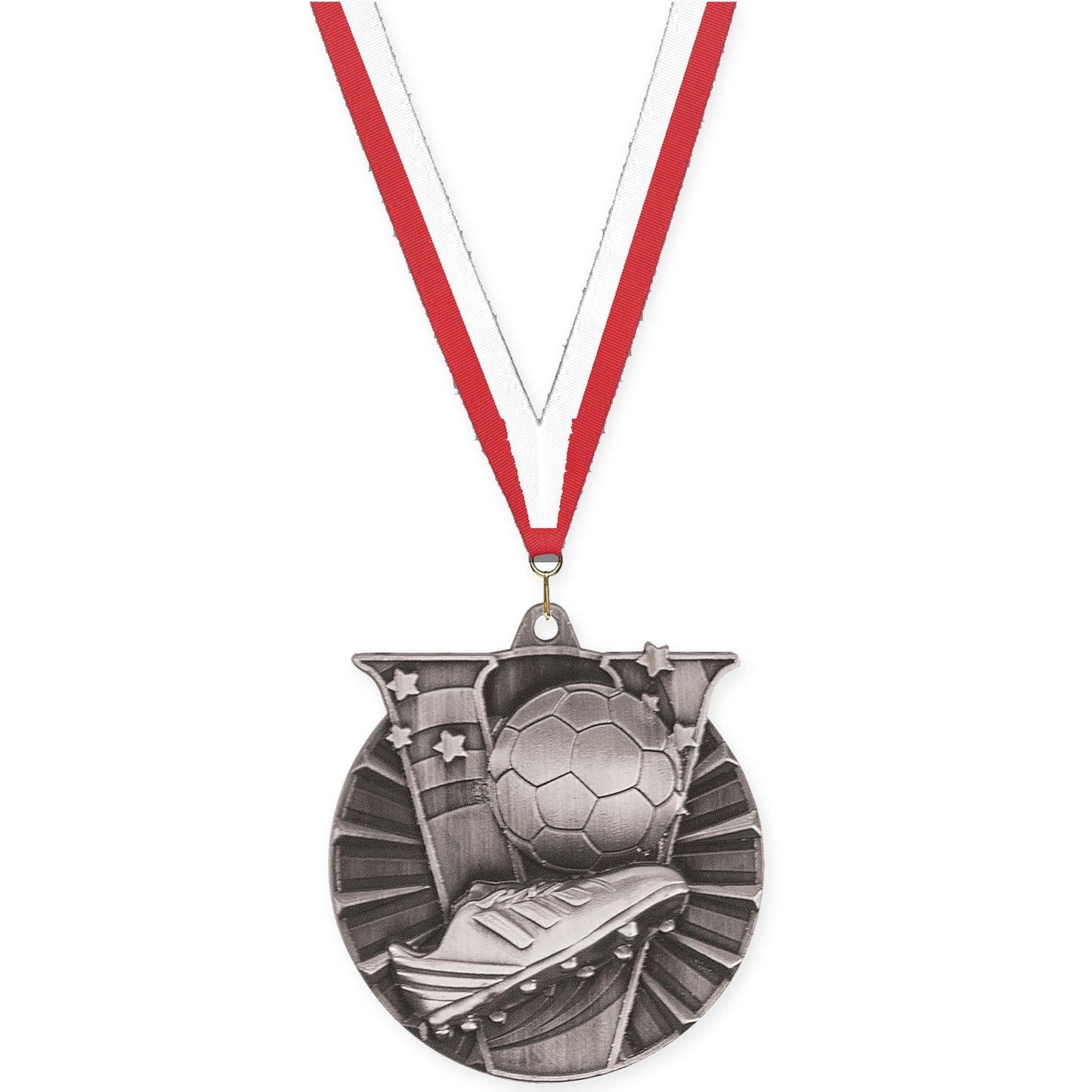 2 inch soccer Victory medal in antique silver with Red White neck ribbon