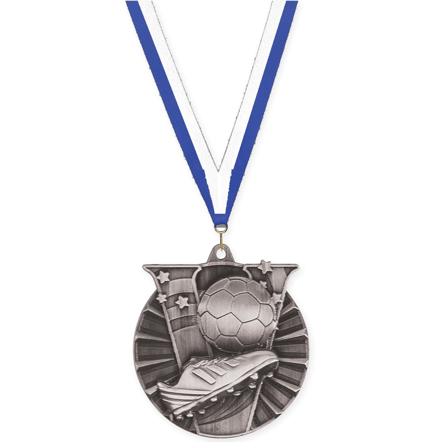 2 inch soccer Victory medal in antique silver with Blue White neck ribbon