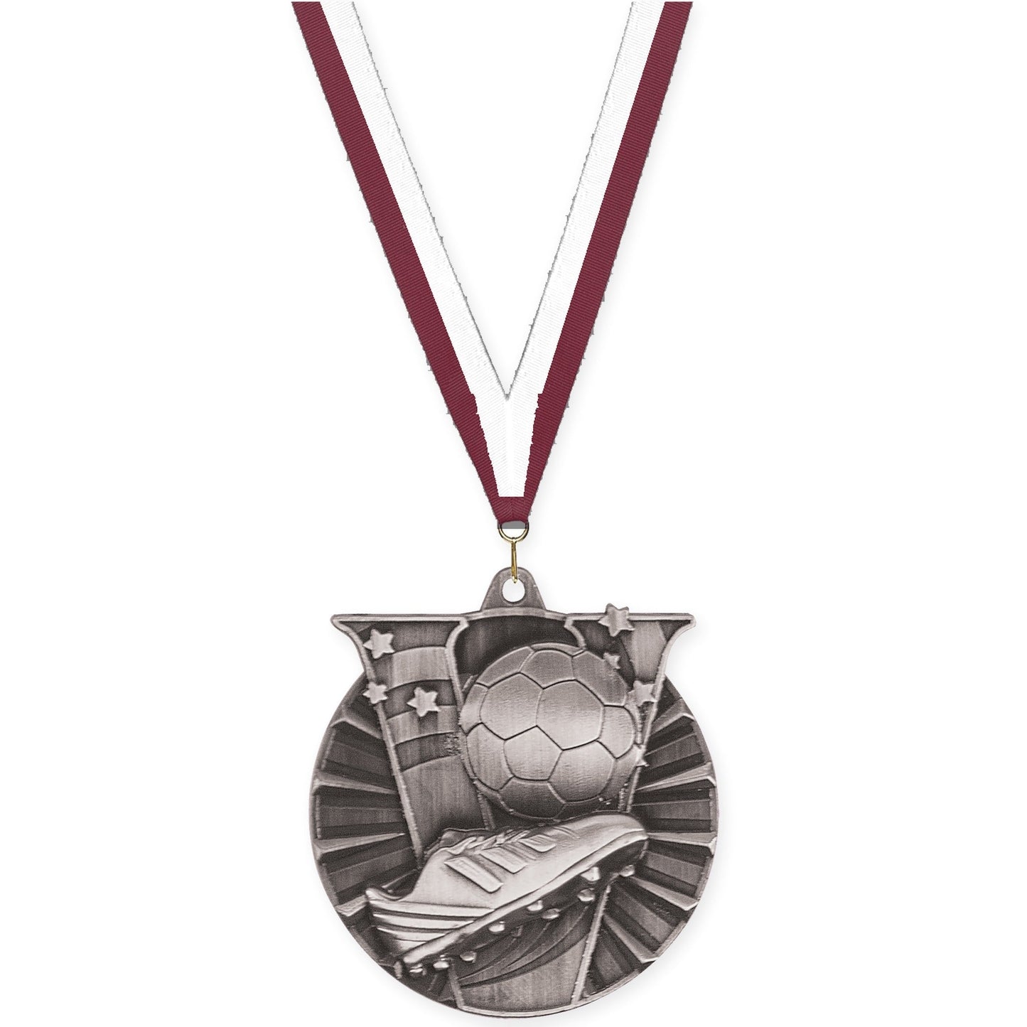 2 inch soccer Victory medal in antique silver with Maroon White neck ribbon