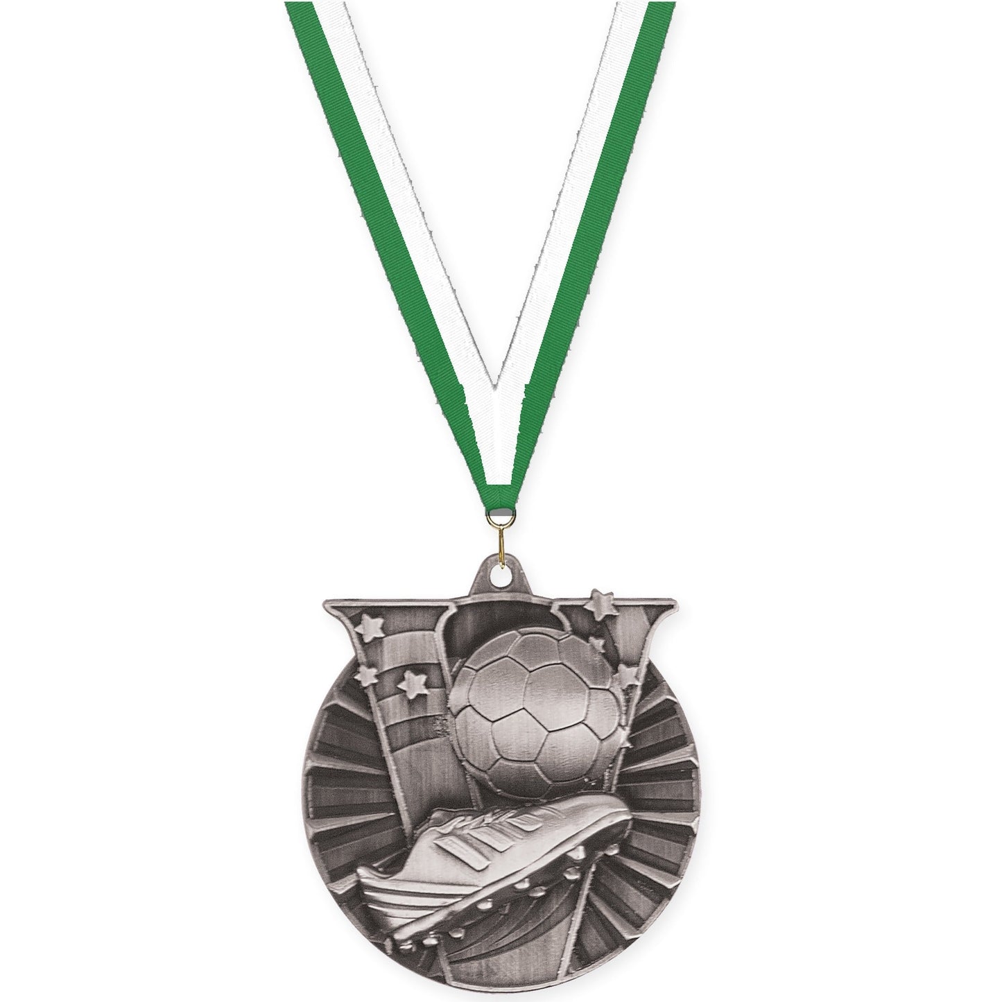 2 inch soccer Victory medal in antique silver with Green White neck ribbon