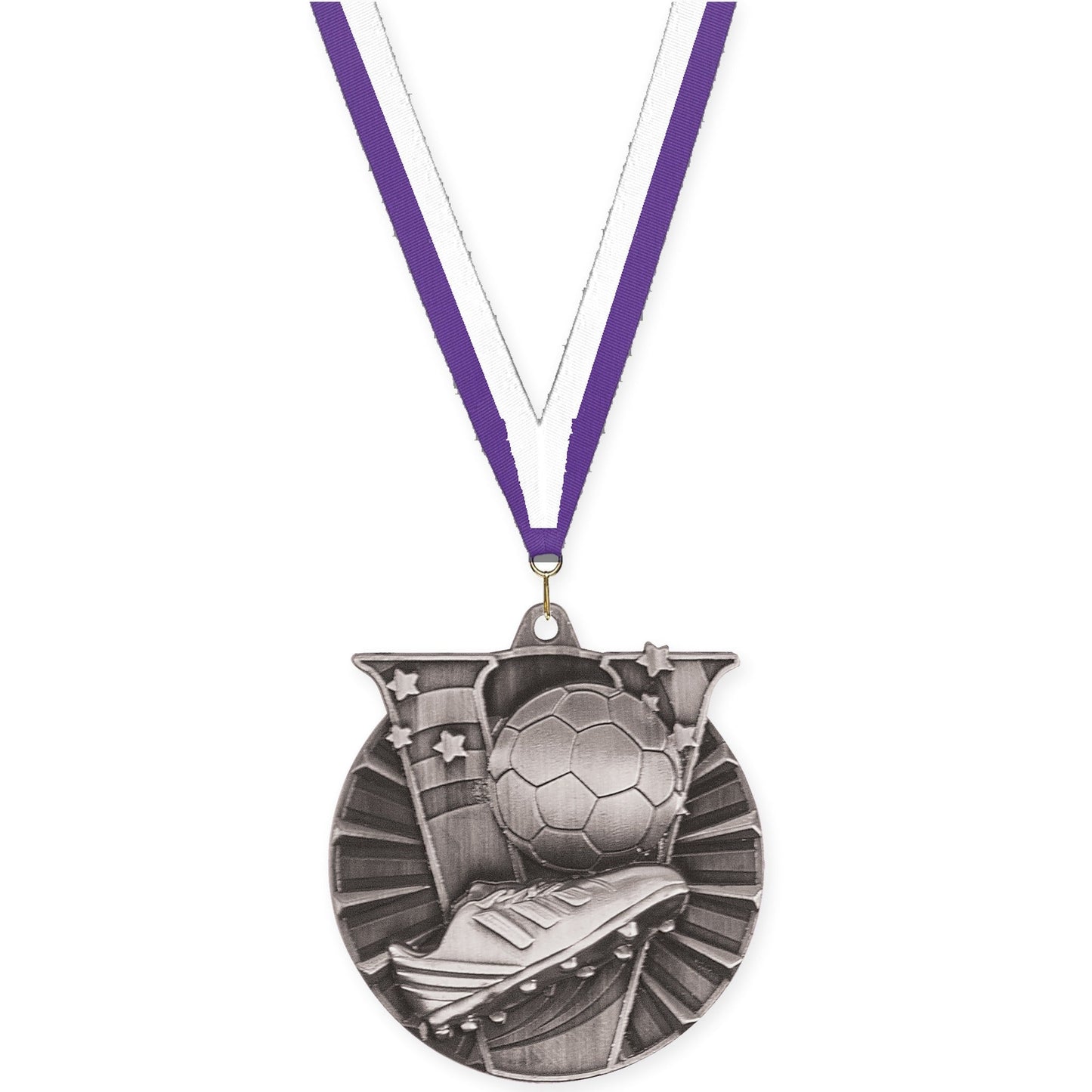 2 inch soccer Victory medal in antique silver with Purple White neck ribbon