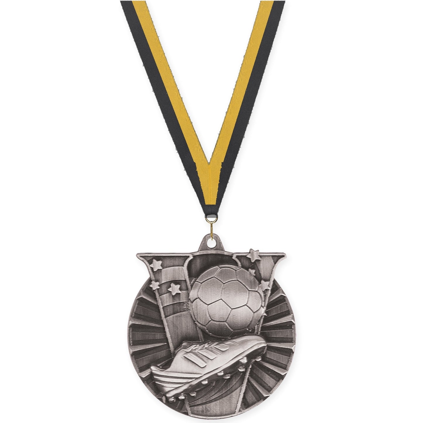 2 inch soccer Victory medal in antique silver with Black Gold neck ribbon