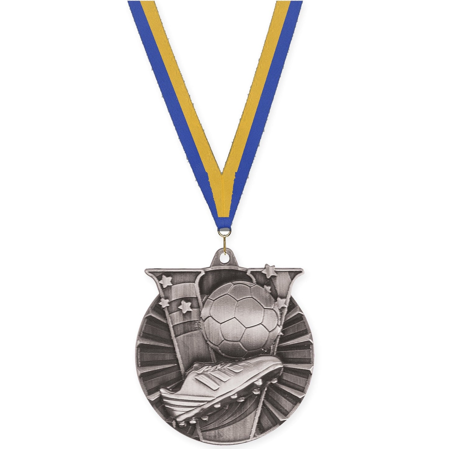 2 inch soccer Victory medal in antique silver with Blue Gold neck ribbon