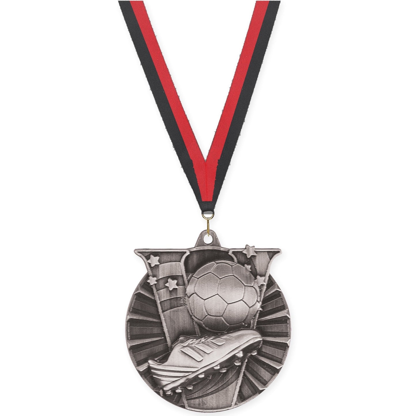2 inch soccer Victory medal in antique silver with Black Red neck ribbon