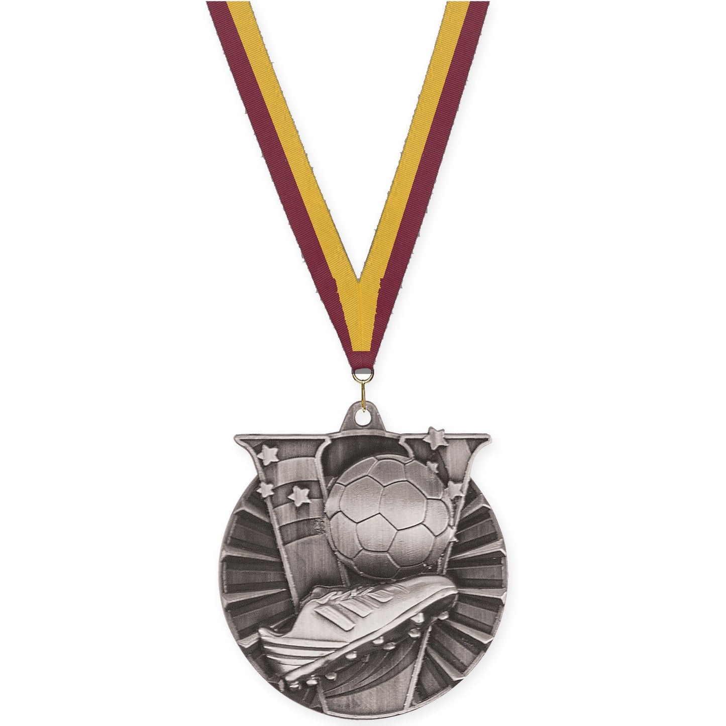 2 inch soccer Victory medal in antique silver with Maroon Gold neck ribbon
