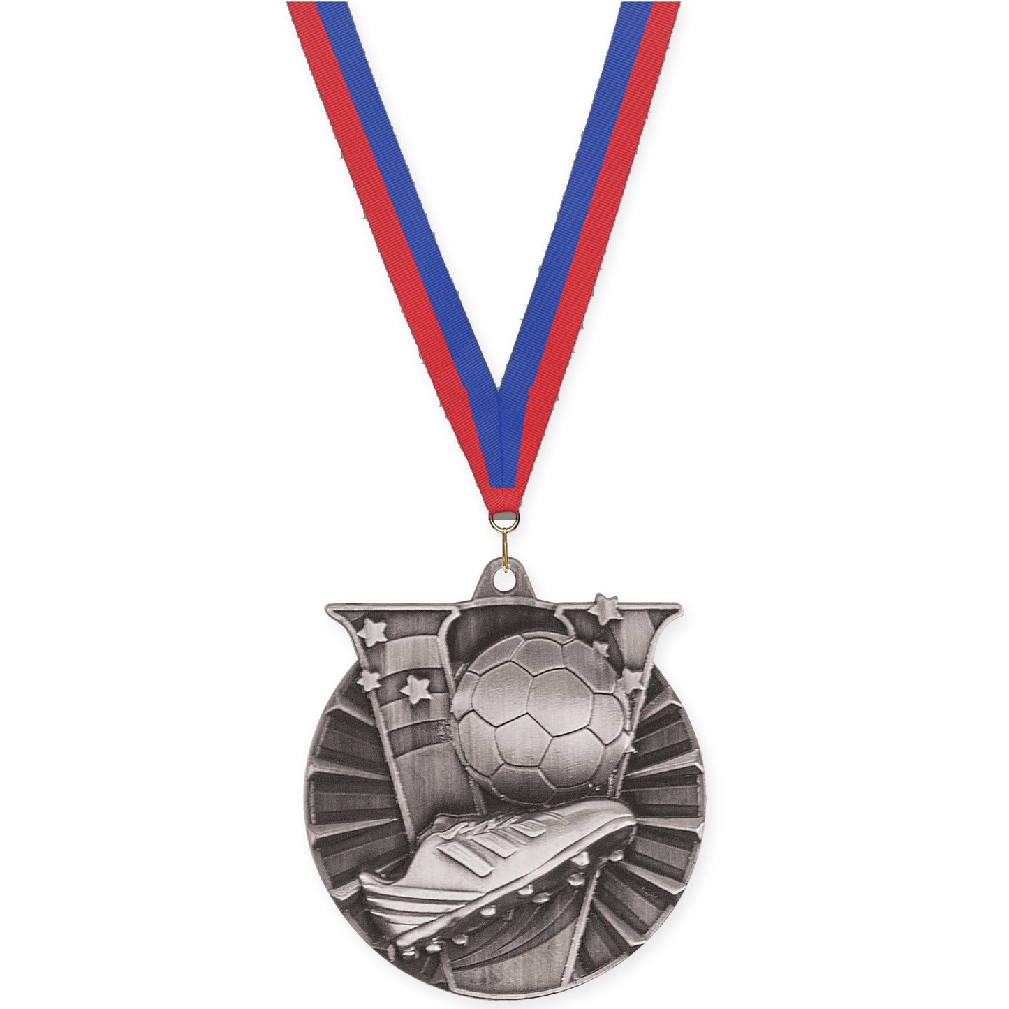 2 inch soccer Victory medal in antique silver with Blue Red neck ribbon