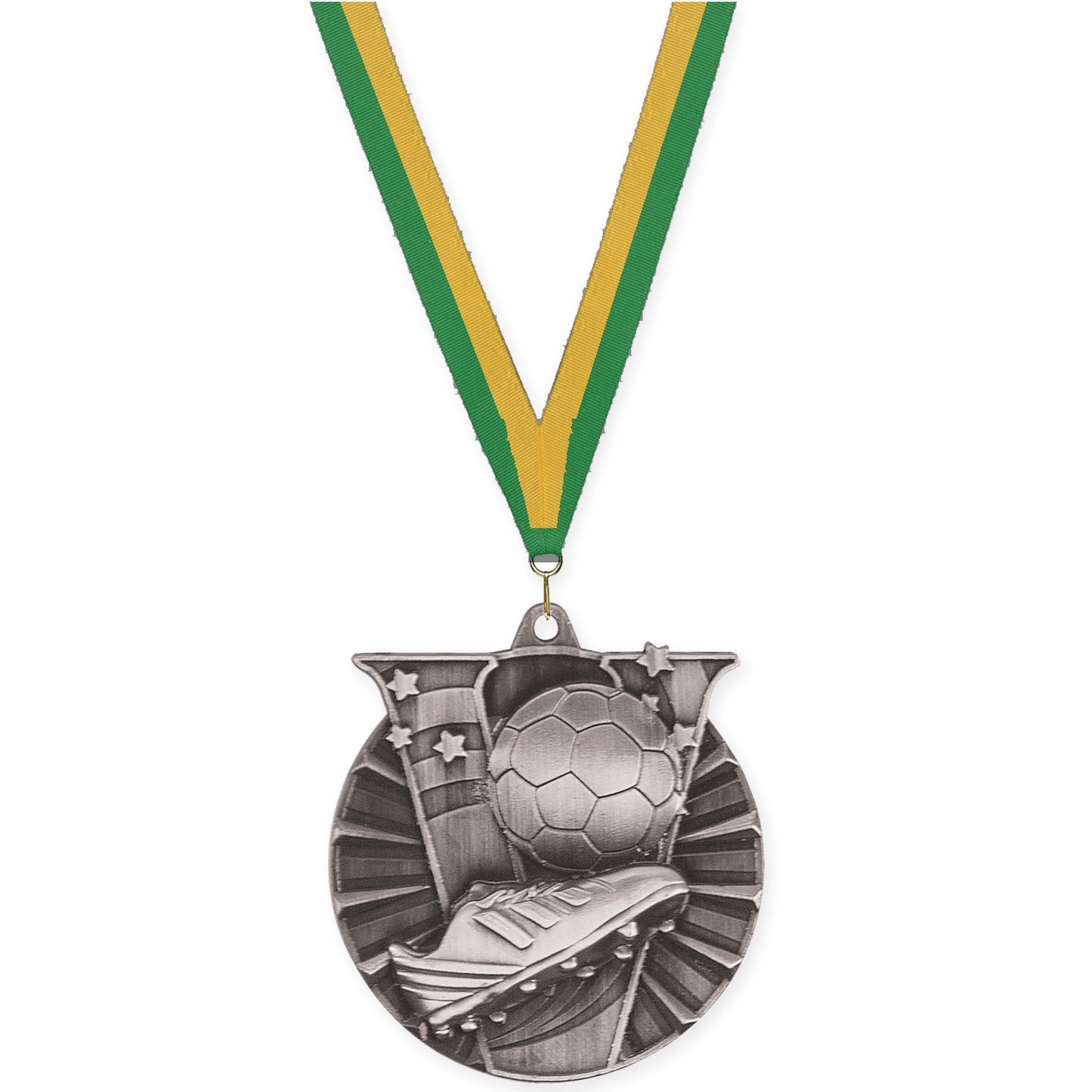 2 inch soccer Victory medal in antique silver with Green Gold neck ribbon