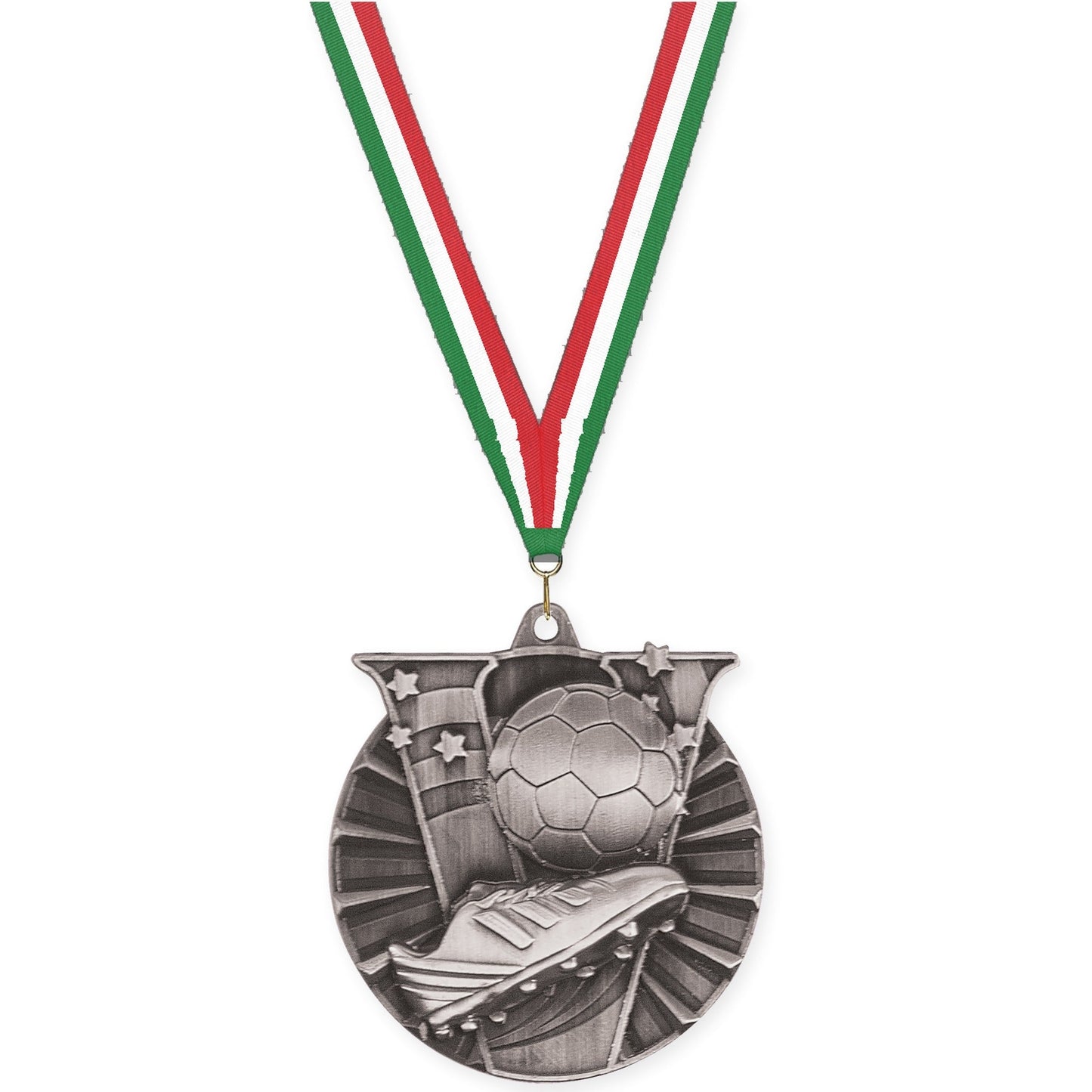 2 inch soccer Victory medal in antique silver with Green White Red neck ribbon
