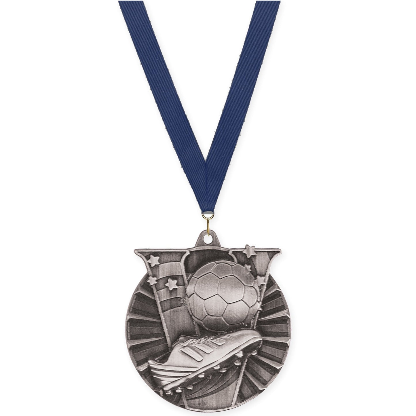 2 inch soccer Victory medal in antique silver with Navy neck ribbon
