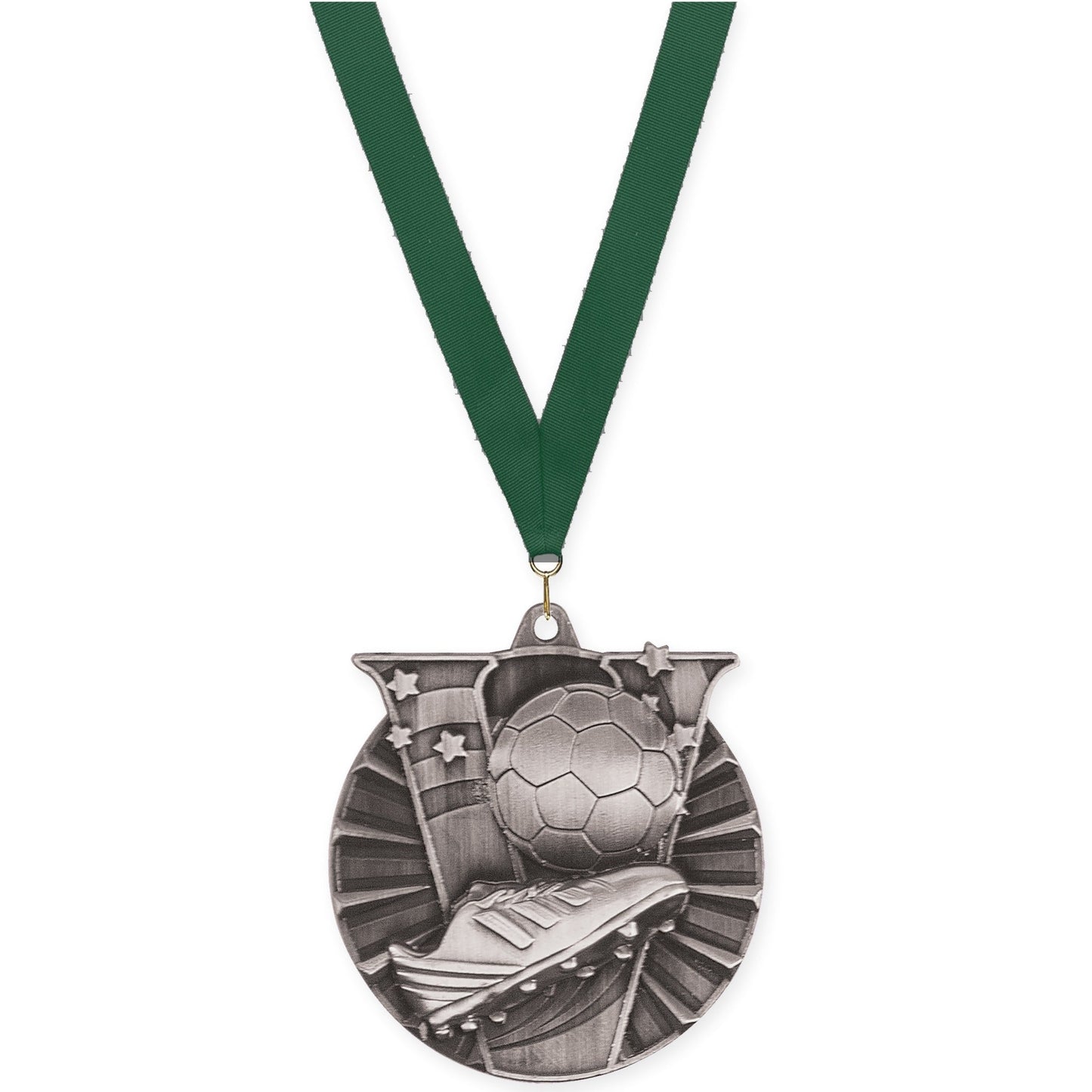 2 inch soccer Victory medal in antique silver with Hunter Green neck ribbon